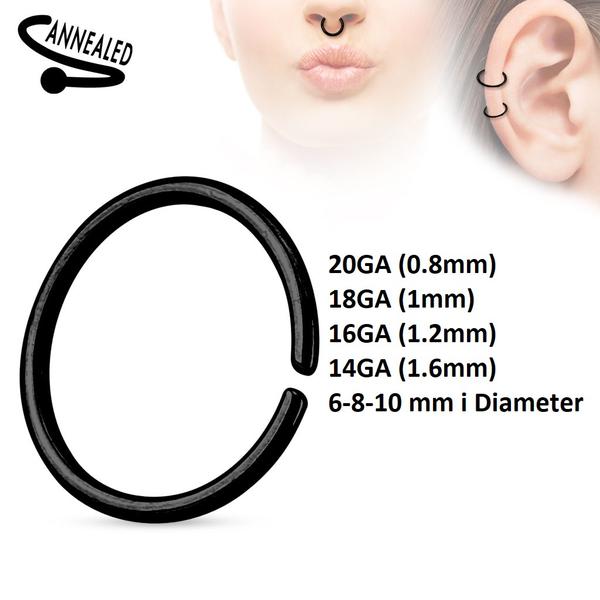 2 stk. Sort piercingring i udglødet 316L kirurgisk stål (9 valg) 10 mm/14GA (1,6mm)