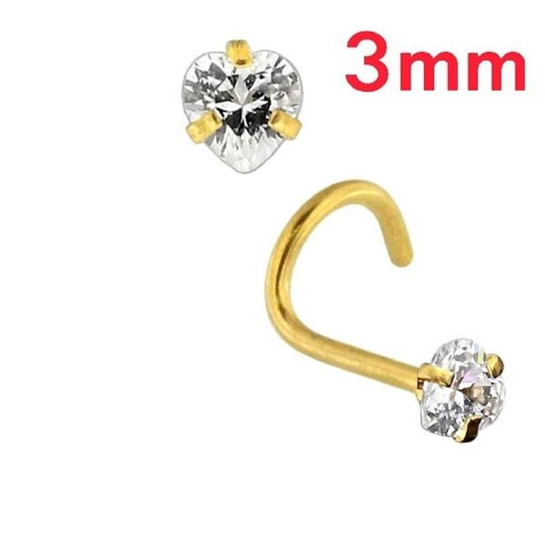 2 Skruv näspiercing i 316L stål med 3 mm hjärtformad zirkon 2 par(1 guld +1 ståler)