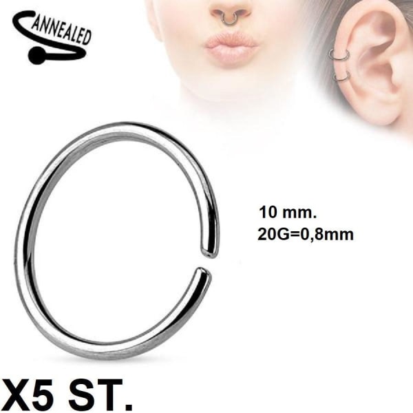 Obs 5 st. 10 mm Piercing ring i annealed 316L Kirurgiskt stål