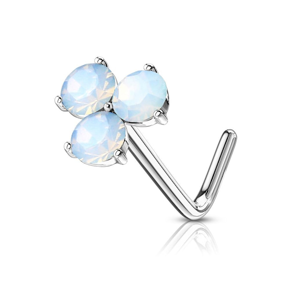 1 St. L-formad Näspiercing i 316L Kirurgiskt stål med 3 Stenar 4 Platina/Vit Opal