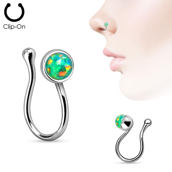 Clip On Rhodiumpläterad näspiercing med Grön Opal