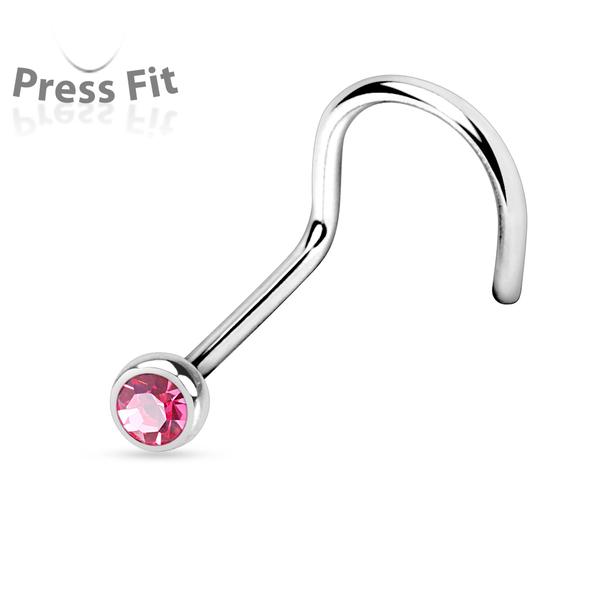 Skruvbar näspiercing i G23 Titanium med "press fit" rosa zirkon