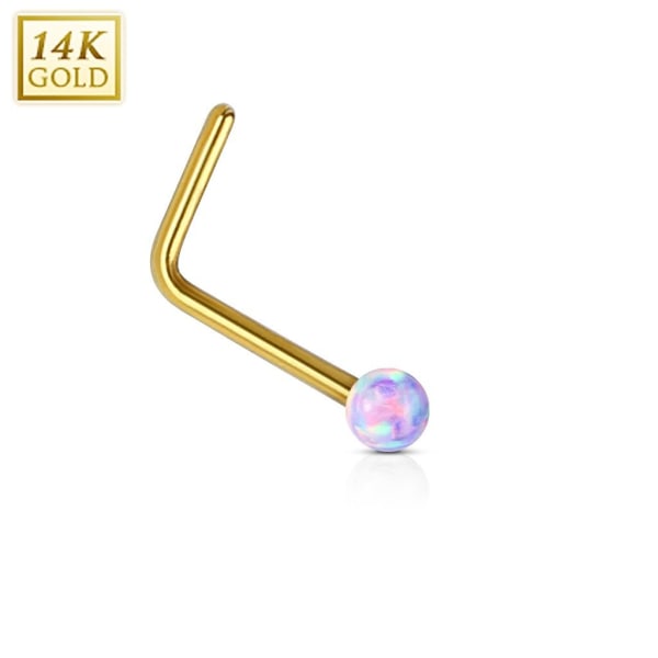 1 L-formet nesepiercing i 14 karat gull med 2 mm lilla opalkule Purple