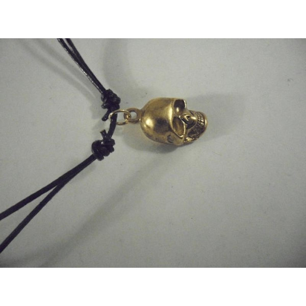 Handknuten Ställbar svart läder halsband med guldpläterad döskalle