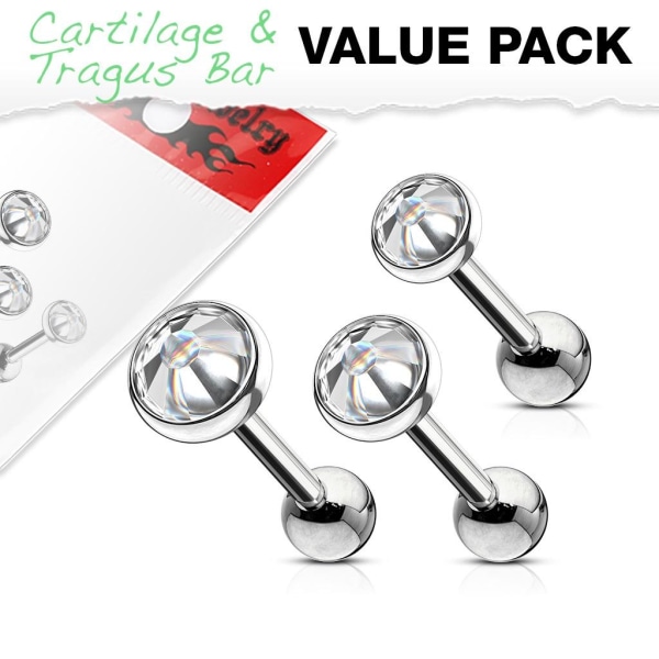 Pack  3 Tragus/Cartilage Piercing med Vita CZ IP-316L stål Platin stål
