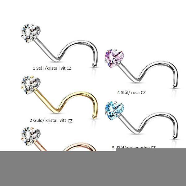 1 St  Skruvbar näspiercing i IP 316L stål Hjärtformad CZ 2 Guld/ Kristall vit  CZ