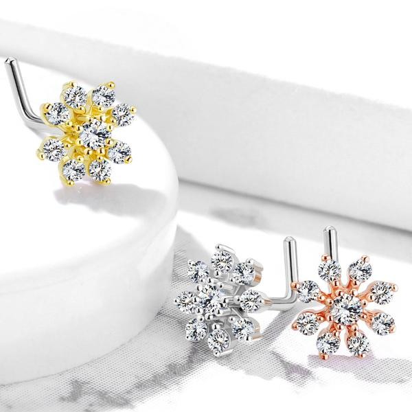 1 St. L-Formad näspiercing i 316L kirurgiskt stål med vita CZ 1 Rhodium