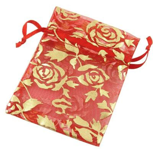 25 st. Handsydda Organza  påsar Röda med guldfärgad blomtryck  c:a 7X9 cm.