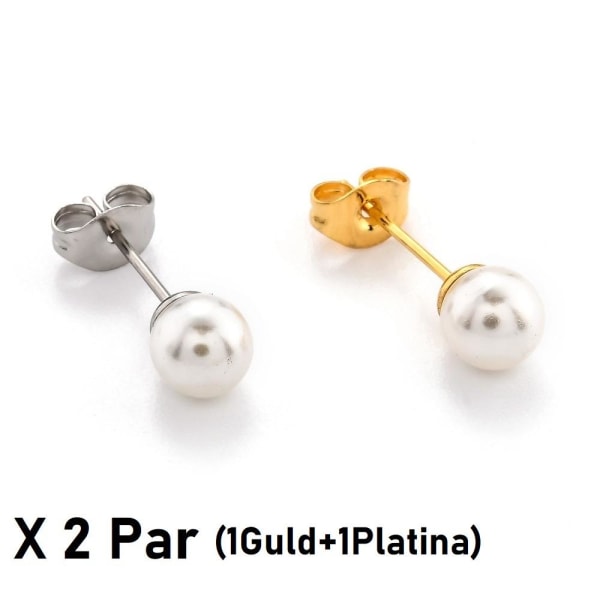2 par (1 guld/1 stål) ørestikker med ca 6 mm hvid perle abf7 | Fyndiq