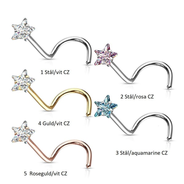 1 Skruvbar näspiercing i 316L stål med 3 mm stjärnformad  CZ 4 Guld/vit CZ