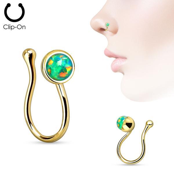 Clip On Forgyldt "falsk" næsepiercing med grøn opal