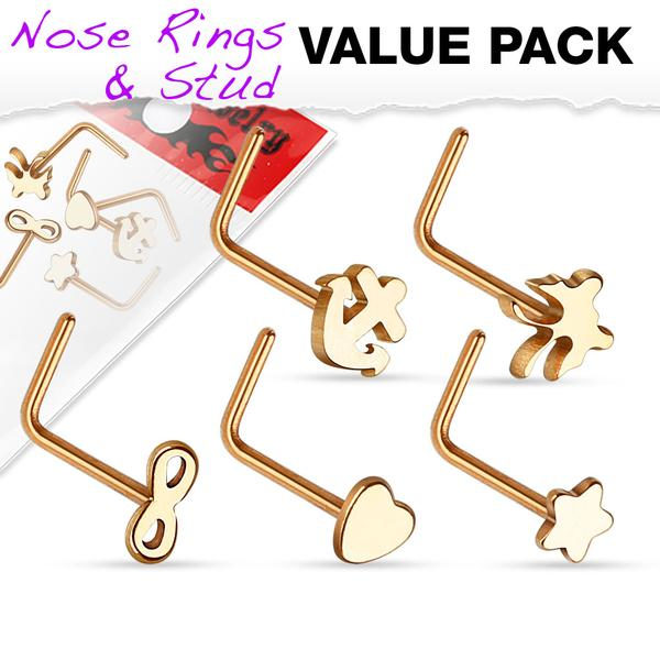 Pack med 5 st  L-formade näspiercingar i 316L stål (3 val) 2 Röd guldpläterade L-form