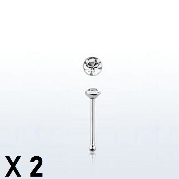 Obs 3 st. Näspiercing i silver med 2 mm. rund vit strass  (k) x3