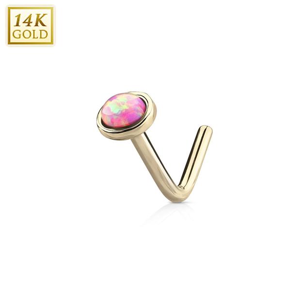 1 L-formad näspiercing i 14 karat guld med 3mm  rund rosa opal Pink  22 rosa opal