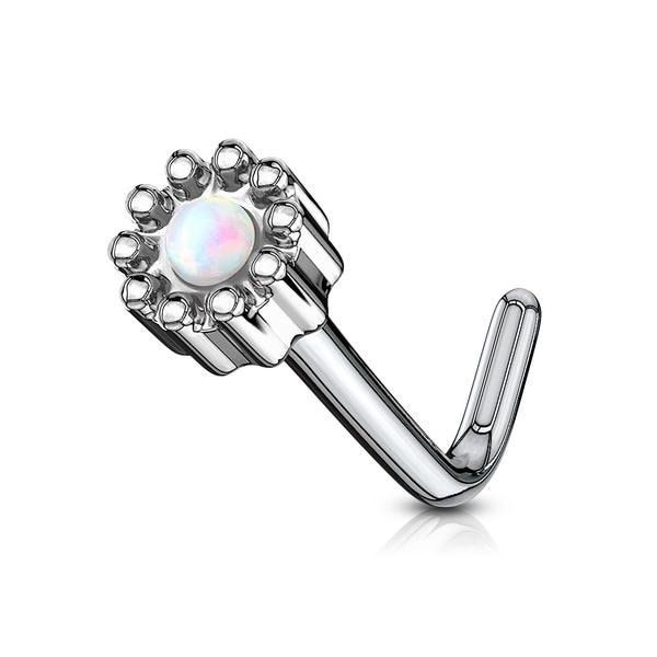 1 St. L-Formad näspiercing i 316L kirurgiskt stål med Opal 2 Stål/Grön Opal