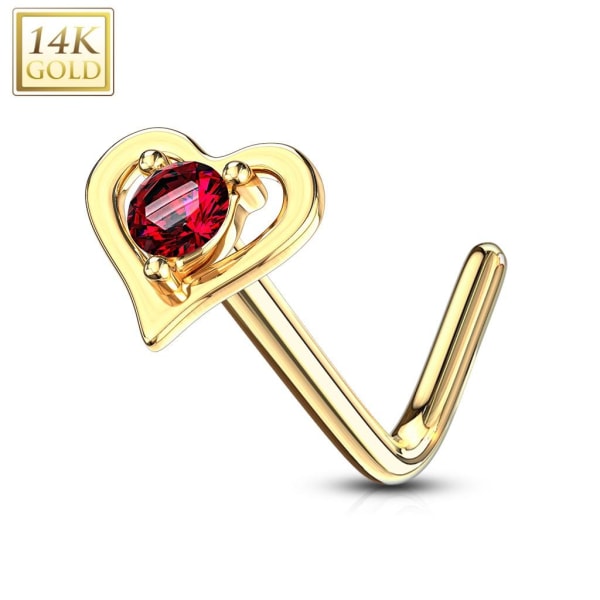 1 Hjärtformad L-näspiercing i14 karat guld med 2mm Röd CZ Röd