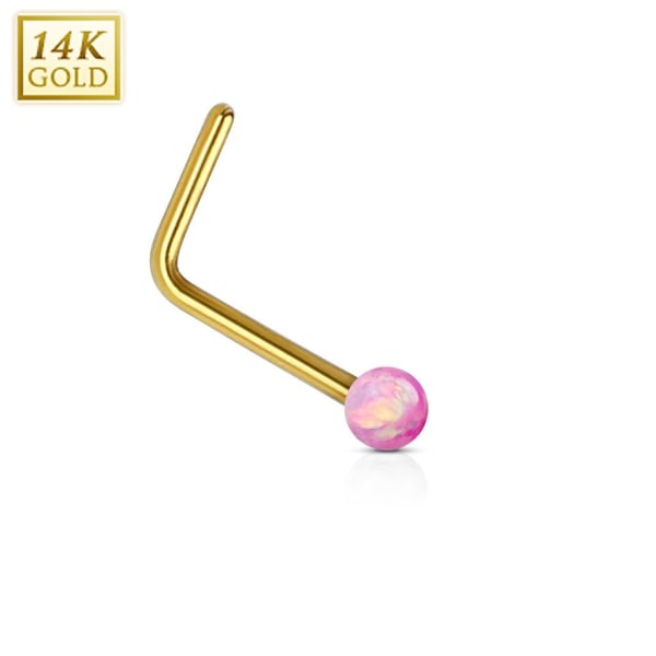 1 L-formad näspiercing i 14 karater guld med 2 mm Rosa opal kula Pink