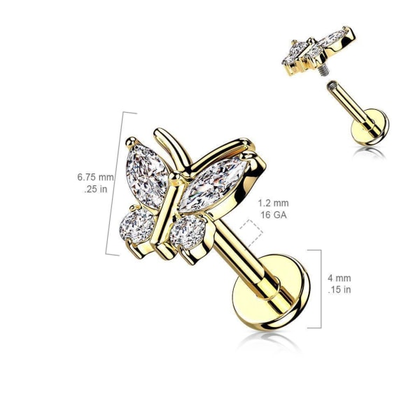 Gevind Butterfly Tragus/Labret Gold IP-316L stål med CZ 8 mm Gold