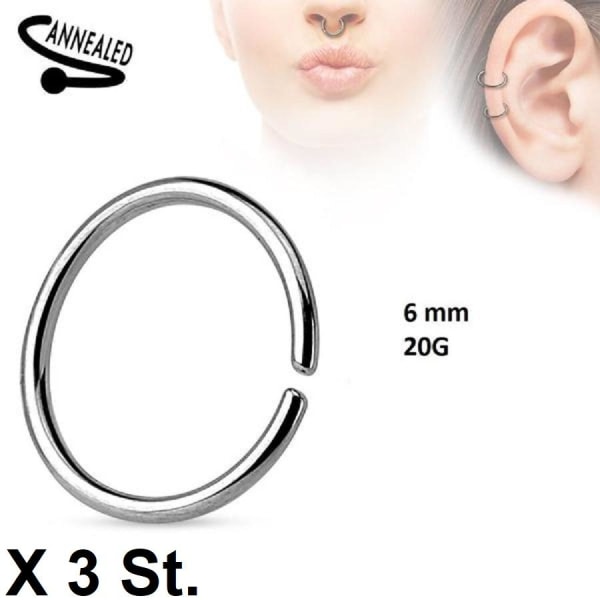 Obs 3 st. 6 mm Piercing ring i annealed 316L Kirurgiskt stål