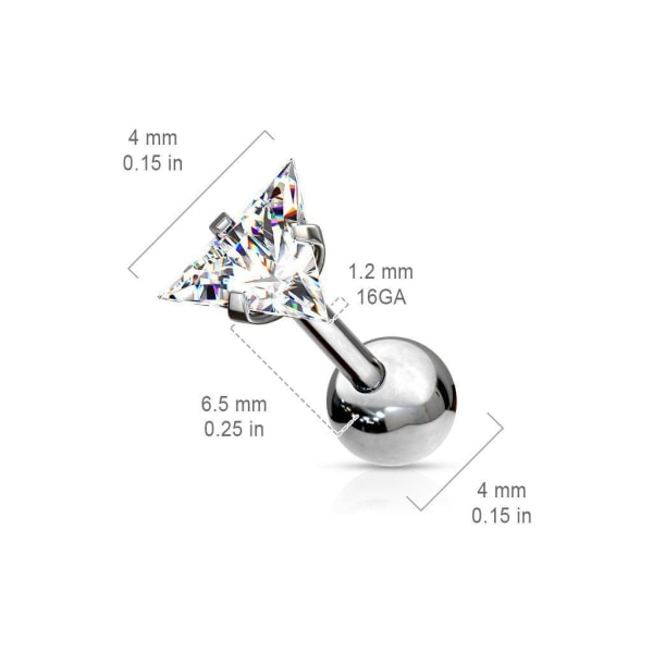 Tragus/bruskpiercing i IP-316L stål 4 mm, trekantet CZ