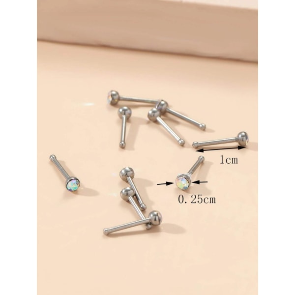 Pack med 10 Näspiercing i 316L stål med 2,5mm AB Cubic Zirconer