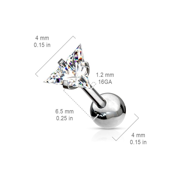 Tragus/Cartilage Piercing i IP-316L stål  3 mm, Trekantigt CZ