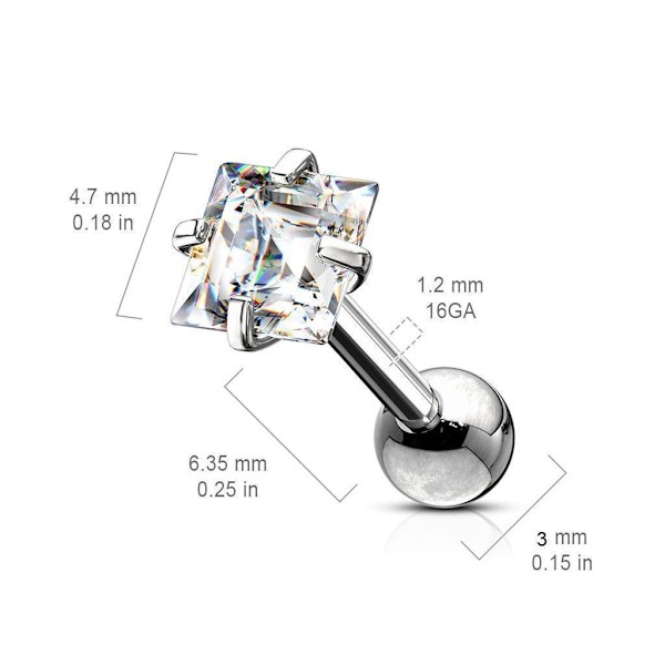 Tragus/Cartilage Piercing i IP-316L stål  4 mm, Fyrkantigt CZ 1 Titanium