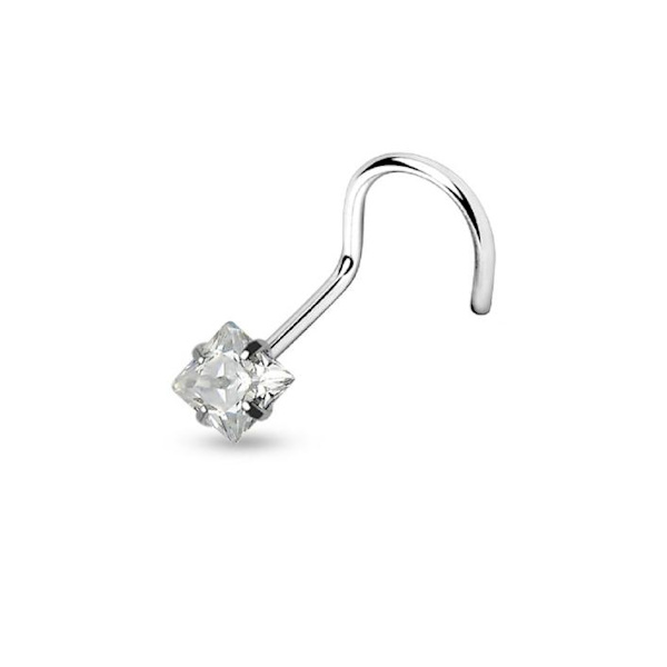 1 st Skruvbar näspiercing i 316L stål med  3 mm fyrkantigt CZ Kristall