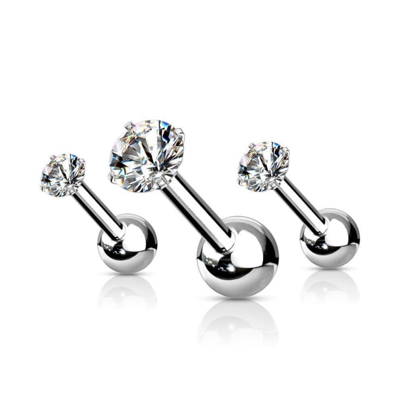 Pakke 3 Tragus/bruskpiercing med 3 hvite CZ IP-316L stål Platinum steel