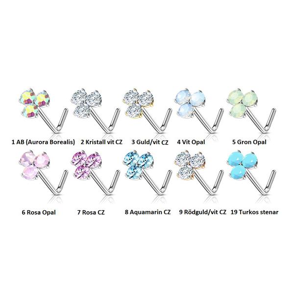 1 St. L-muotoinen nenälävistys 316L kirurgista terästä 3 kivellä 9 /Rödguld/ Vita CZ