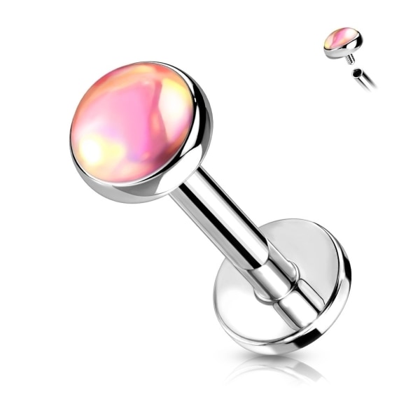 Gängad Labret piercing med 4 mm skimrande Rosa sten , 6 mm lång. Titan grå