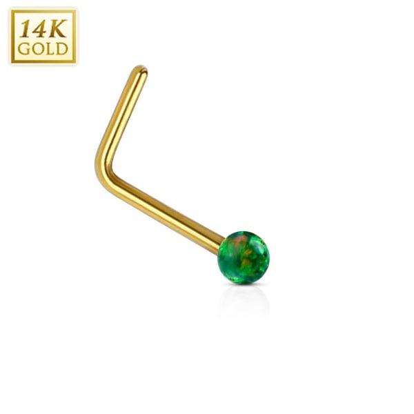 1 L-formad näspiercing i 14 karater guld med 2 mm Grön opal kula Green