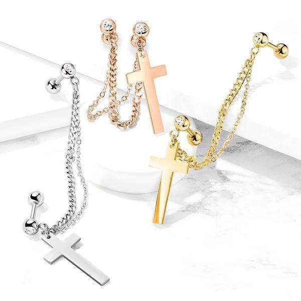 Barbell Linked kjede med Cross and White CZ i 316 kirurgisk stål 3 Stål