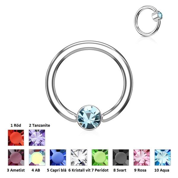 1st. Piercingring i Härdad 316L kirurgiskt stål 1,2x8mm med CZ 4 AB (Aurora Borealis)