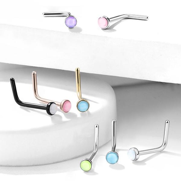 1 L-formet næsepiercing i 316 stål med "Glow in the dark" sten 3 Stål/Grön