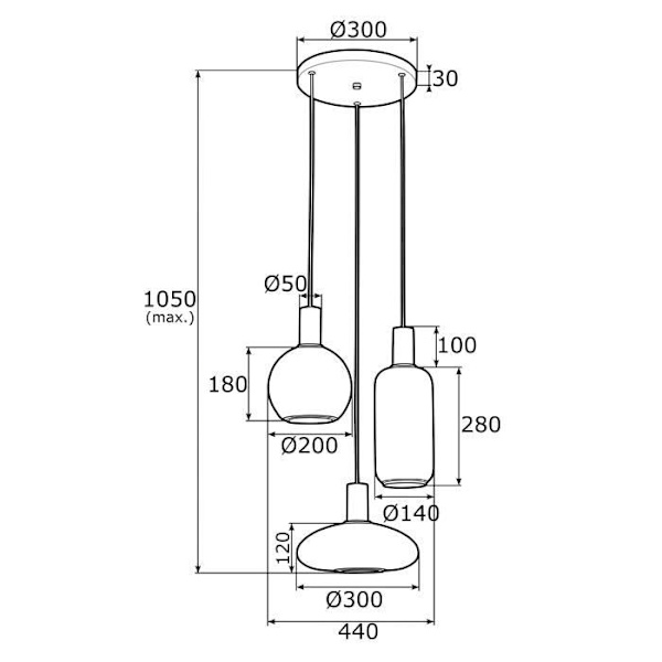Cluster loftslampe 3 lys opal mat, messing stål - argon - SAGUNTO