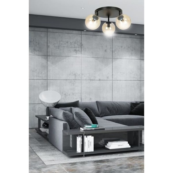 Emibig TOFI Tofi Svart klottakslampa med bärnstensfärgad glasskärm, 3x E14