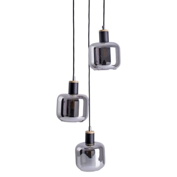 FUMOSO vandfalds pendel i sort metal, naturtræ og sort røget glas