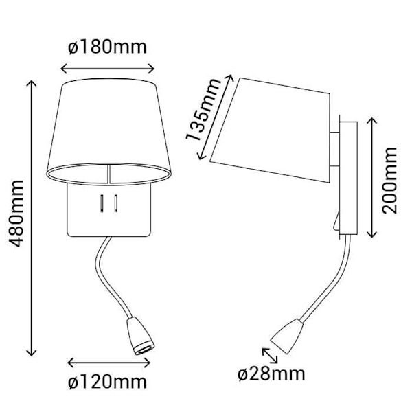 Væglampe - NABIA - Mat Sort - E27 - LED 3W - USB Port