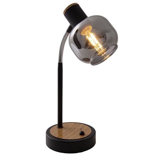 FUMOSO bordslampa i svart metall, naturträ och svart rökt glas Svart, Grå, Självtorkning