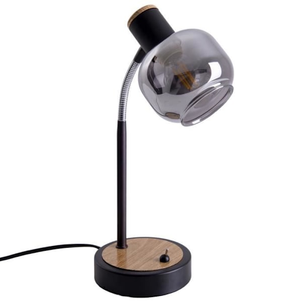 FUMOSO bordlampe i sort metal, naturtræ og sort røget glas