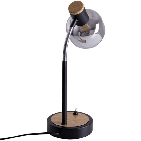 FUMOSO bordlampe i sort metal, naturtræ og sort røget glas