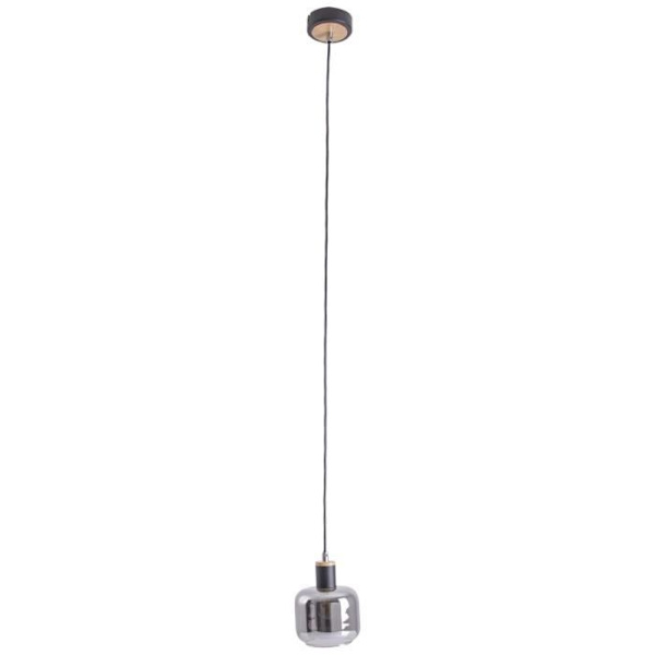 FUMOSO pendellampa i svart metall, naturligt trä och svart rökt glas