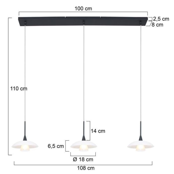 Sienna Tallerken Lige bar pendelloftslampe, matsort armatur, mat hvidt glas, mat transparent