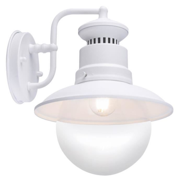 Vägglampa utomhus, metall, vit, glasskärm, lykta