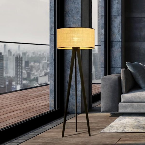 Emibig ASTON Aston Design stativgolvlampa i svart rotting med brun tyglampskärm, 1x E27