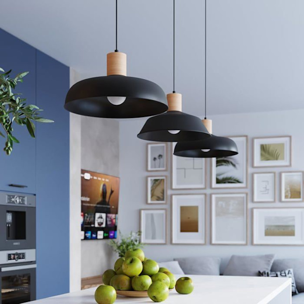 Pendellampa - Sollux - Indy - Böjd lampskärm - Svart metall - E27 15W LED