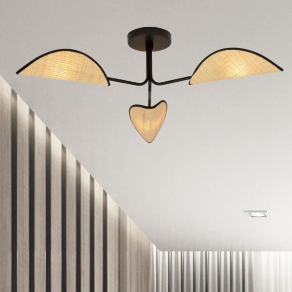 Emibig GOMEZ Designer Multi-Arm Semi-Flush Mount Loftslampe i sort rattan med brun stofskærm, 3x E14