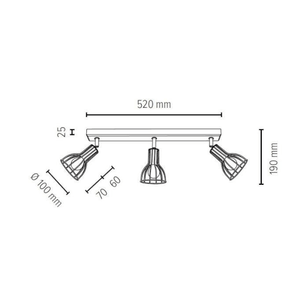 Loftslampe i olieret eg, 3 pærer, sort "wire" design, MEGAN olieret eg