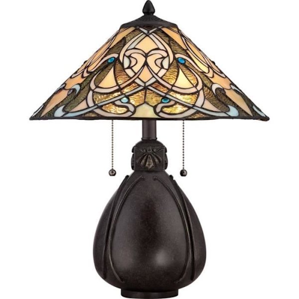 Lampa - Indien - Imperiell brons - Tiffanyglas - 2 glödlampor - 75W Flerfärgad